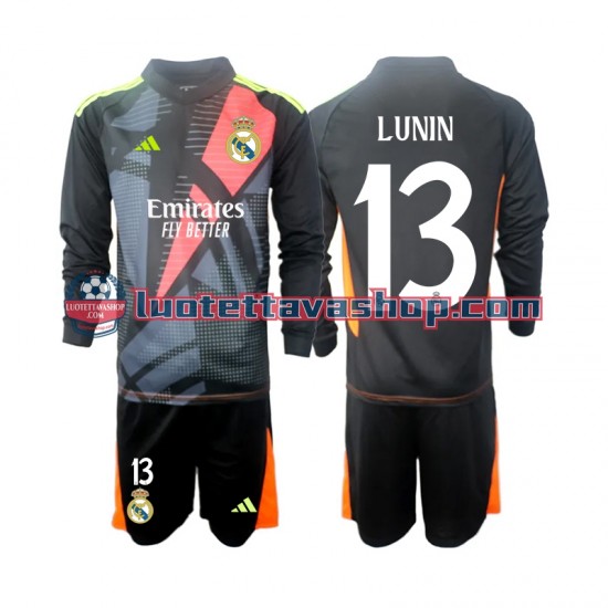 Lapset Real Madrid Maalivahdin Andriy Lunin 13 2024-2025 Musta Pitkähihainen Fanipaita ,Vieras