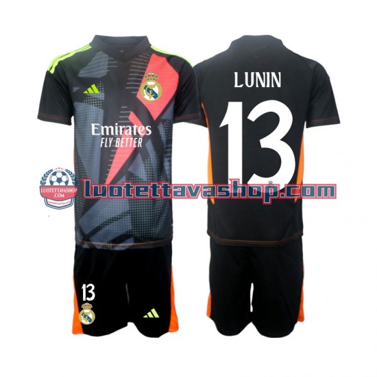 Lapset Real Madrid Maalivahdin Andriy Lunin 13 2024-2025 Musta Lyhythihainen Fanipaita ,Vieras